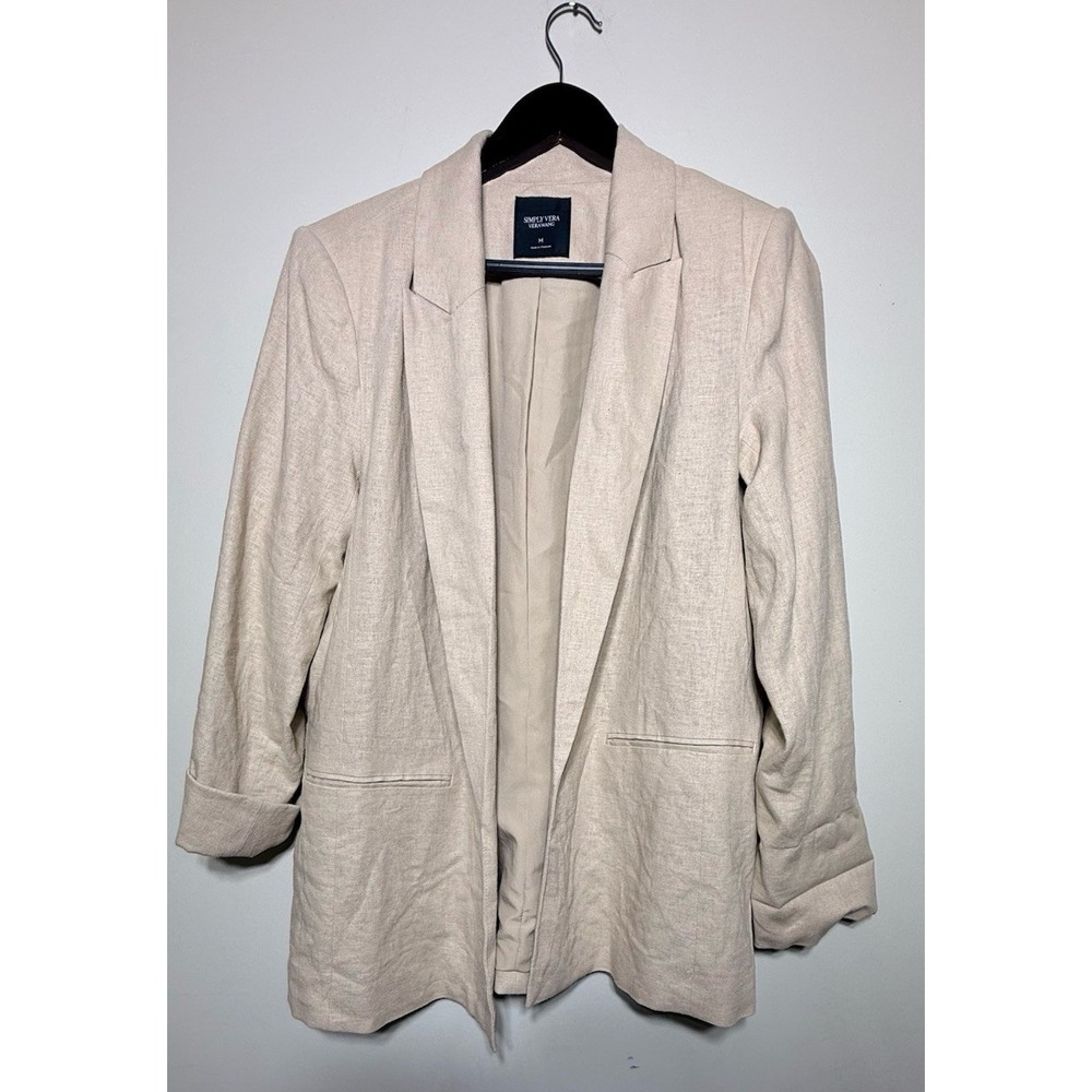 Simply Vera Wang Open Front Relaxed Blazer Medium Black Pockets Roll-Up Sleeves